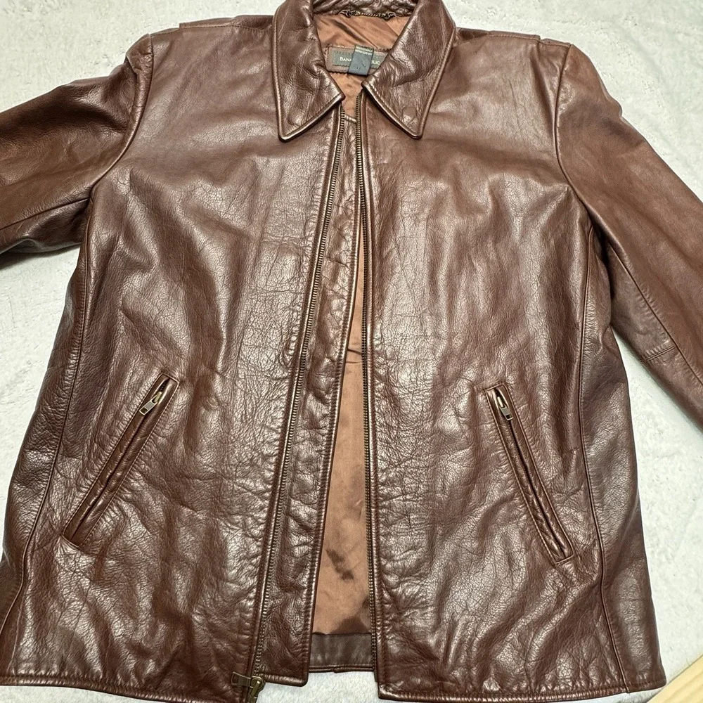 VTG 90 Banana Republic‎ Mens Large Brown Leather Full Zip Jacket Classic Collar